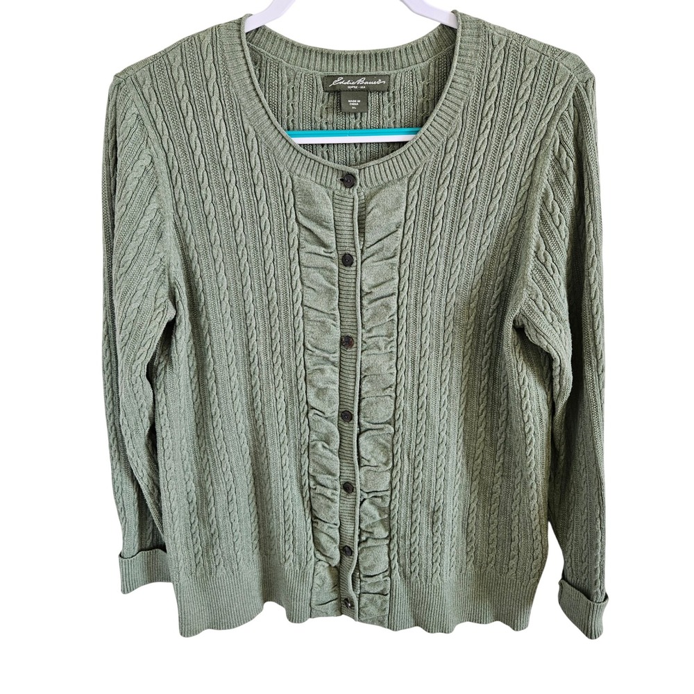 Eddie Bauer Woman SZ XL Green Cable Knit Sweater Cotton Blend Tuck Front Preppy